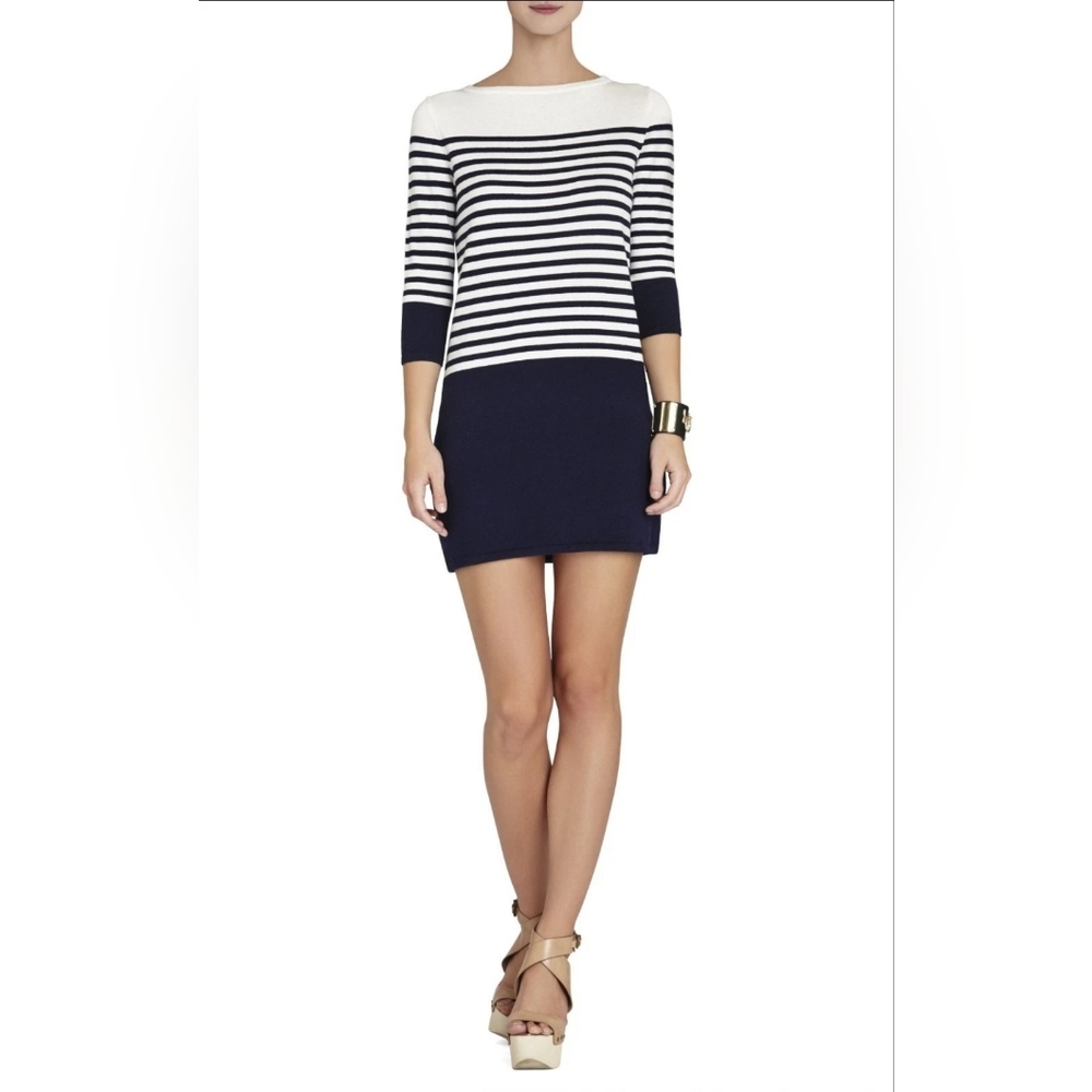 BCBGMaxAzria Ethel Striped Color Blocked Sweater White and Navy Dress Size S NWT